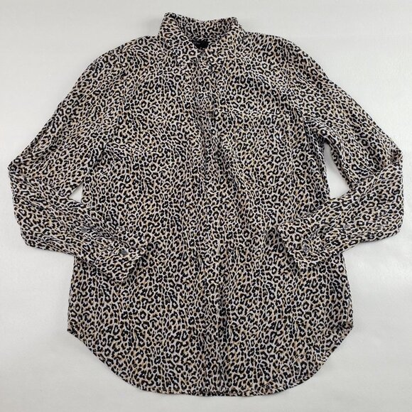 J Crew 100% Silk Leopard Blouse Womens 6 Black Long Sleeve Button Up Collar Top - Picture 1 of 11